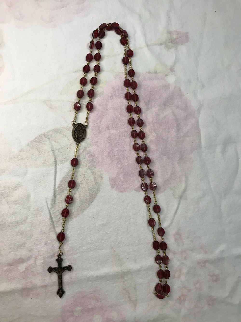 Gold Tone Dark Red Burgundy Rosary Necklace of Saint Theresa 35”